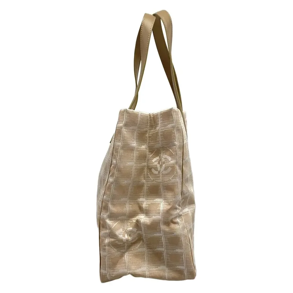 Chanel New Travel Line Tote MM Tote Bag Beige White Nylon Jacquard Leather